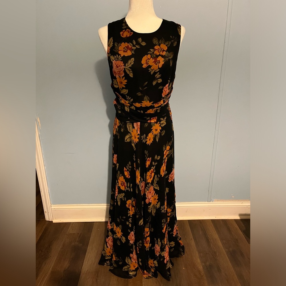 Adrianna Papell Black Maxi Dress with Orange and Pink Floral Print